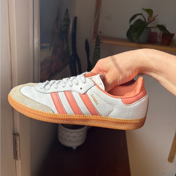 adidas Shoes - adidas Samba White with Coral/Pale Pink Stripes and Gum Sole